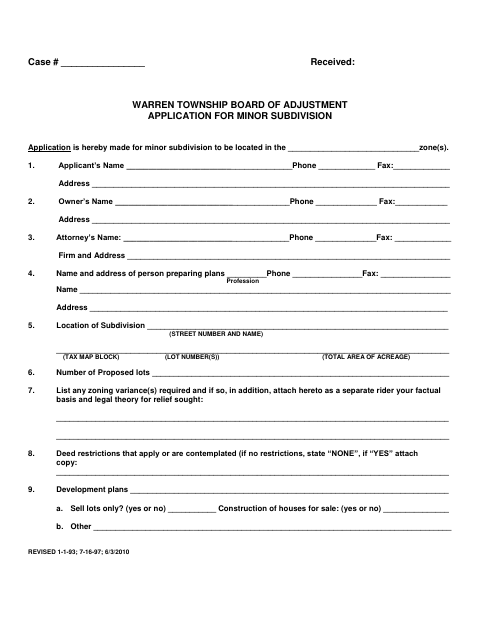First page of the Minor Subdivision Application