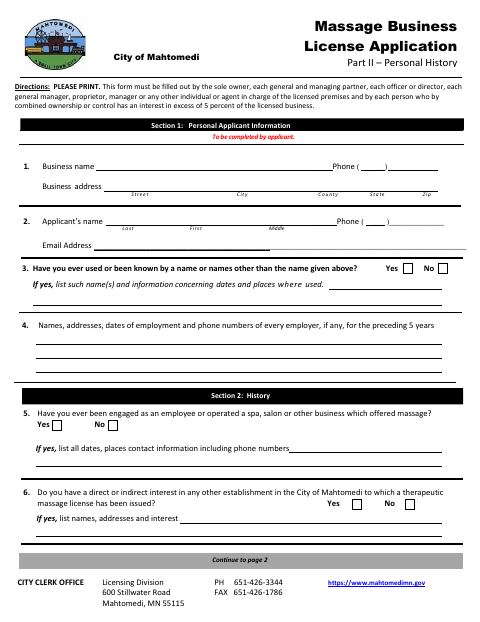 First page of the Massage Business License Application Part II – Personal History