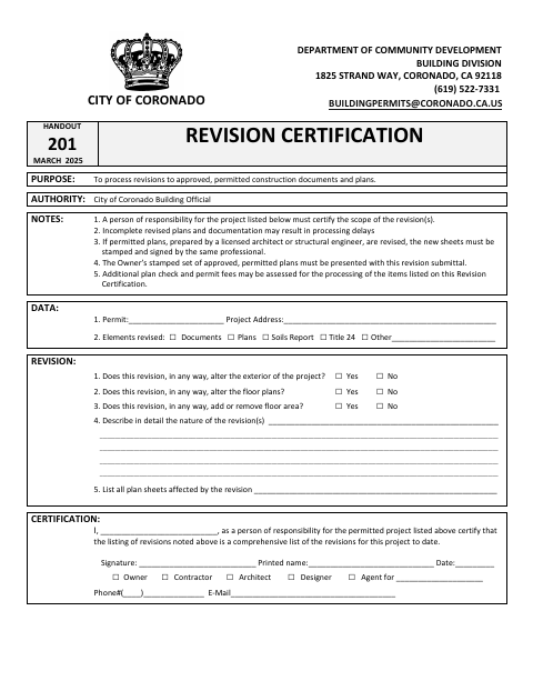 First page of the Revision Certification