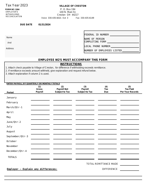 First page of the Employer's Withholding Reconciliation