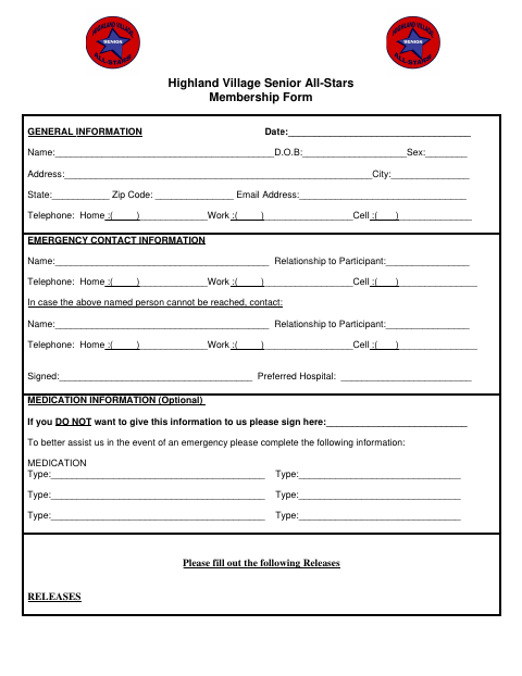 First page of the Senior All-Stars Membership Form