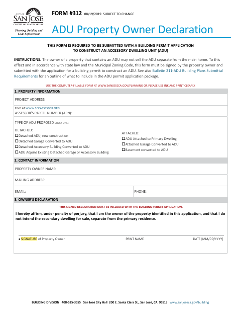 First page of the ADU Property Owner Declaration (Form 312)