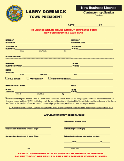 First page of the New Business License Contractor Application