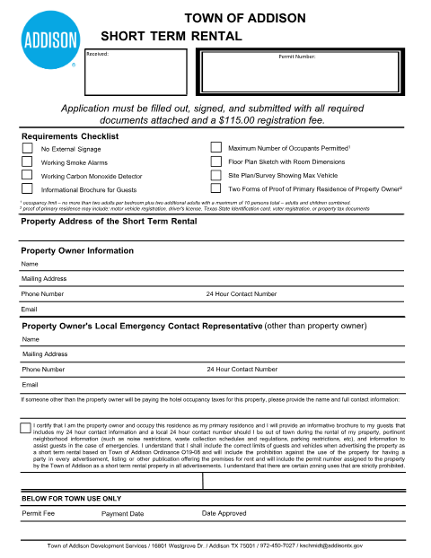 First page of the Short Term Rental Permit Application