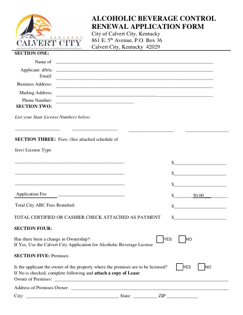 First page of the Alcoholic Beverage Control Renewal Application