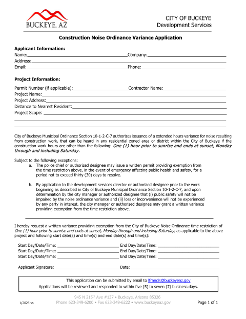 First page of the Construction Noise Ordinance Variance Application