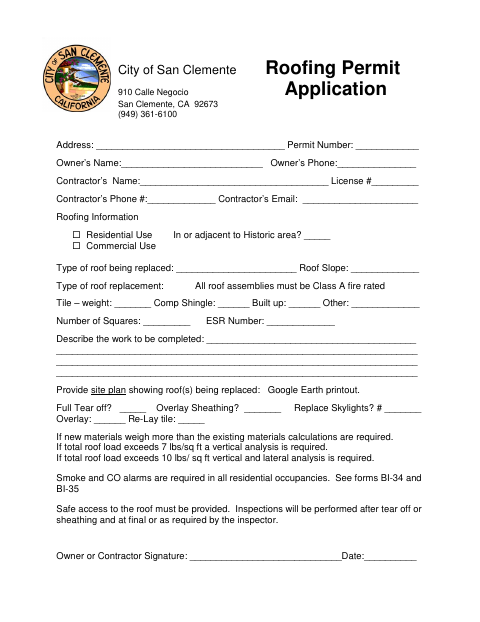 First page of the Roofing Permit Application