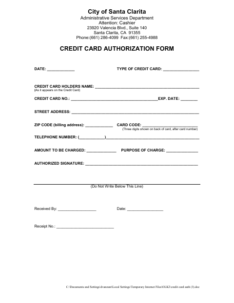First page of the Credit Card Authorization Form