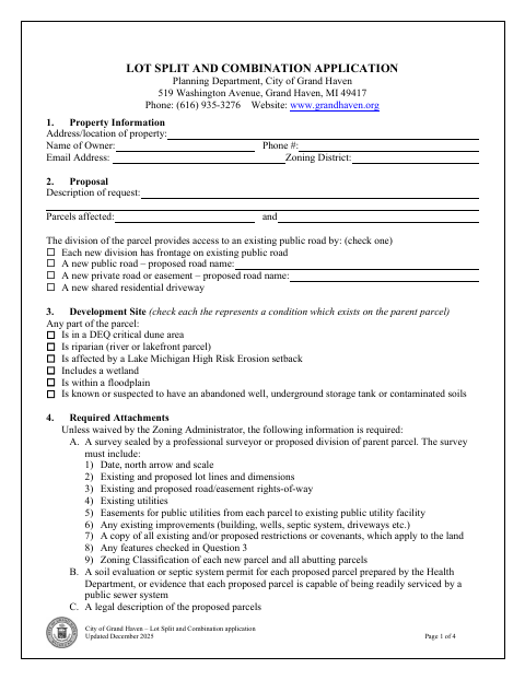First page of the Lot Split and Combination Application