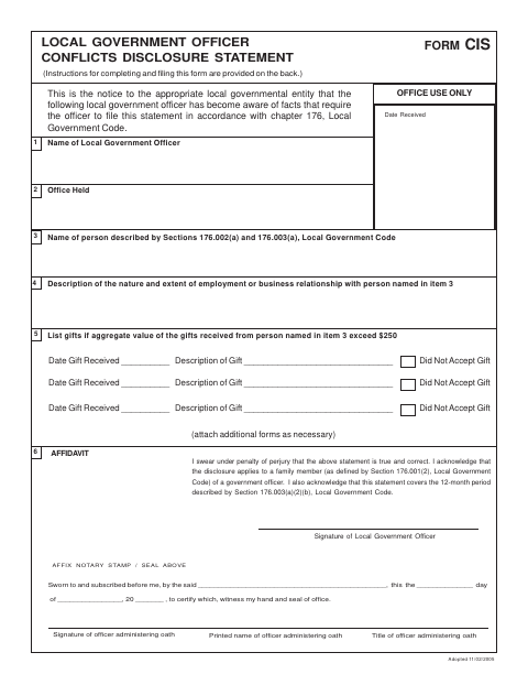 First page of the Local Government Officer Conflicts Disclosure Statement