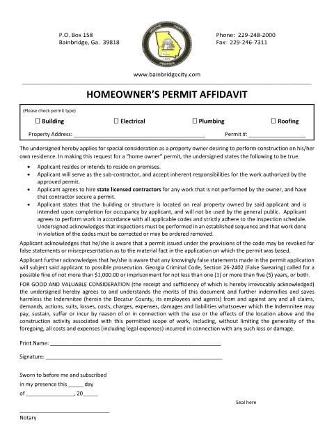 First page of the County Homeowner's Permit Affidavit