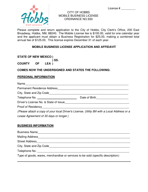 First page of the Mobile Business License Application and Affidavit