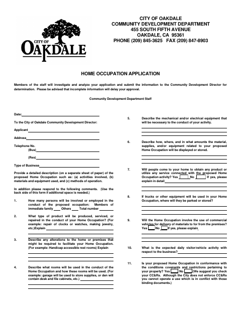 First page of the Home Occupation Application