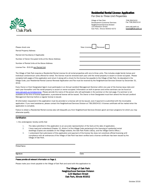 First page of the Residential Rental License Application for One to Three Unit Properties
