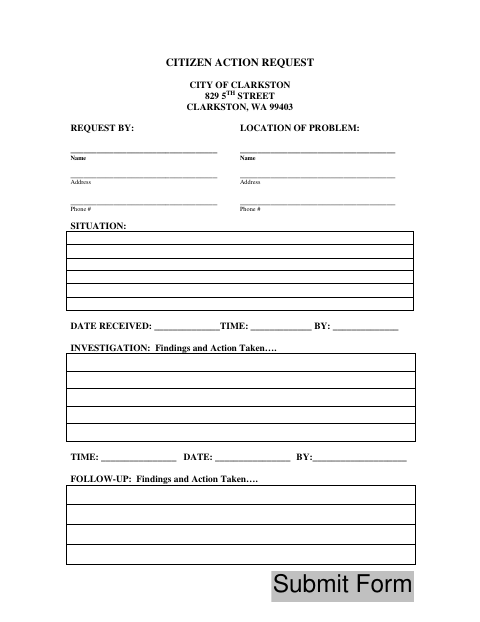 First page of the Citizen Action Request