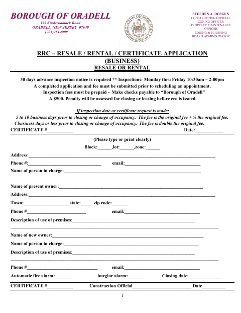 First page of the Resale / Rental / Certificate Application (Business)
