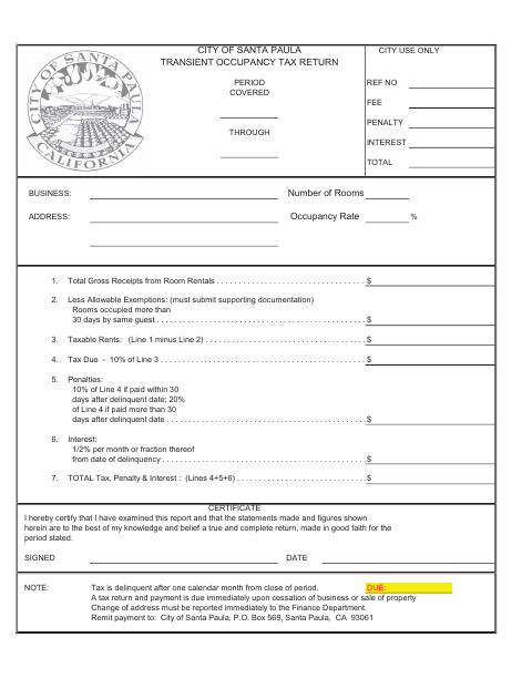 First page of the Transient Occupancy Tax Return