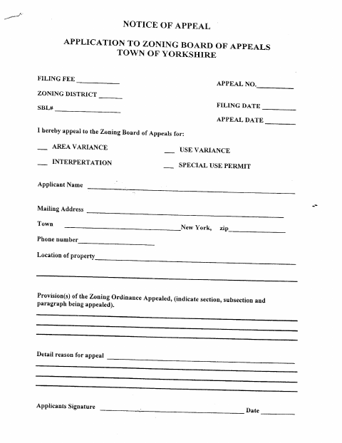First page of the Zoning Board of Appeals Application