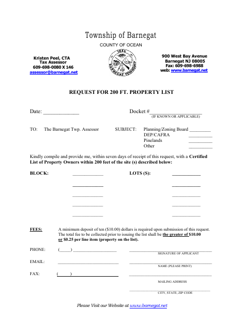 First page of the Request for 200 Ft. Property List