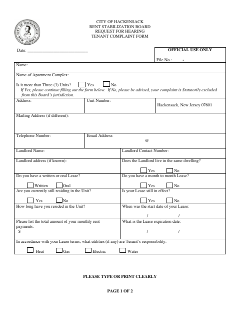 First page of the Request For Hearing Tenant Complaint Form