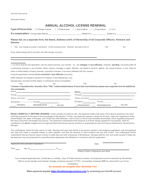 First page of the Annual Alcohol License Renewal