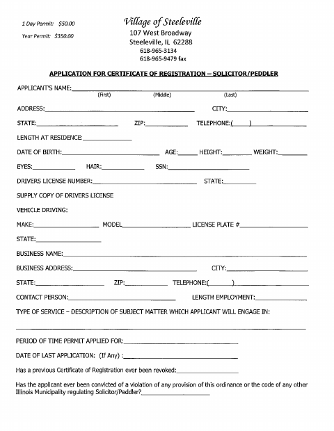 First page of the Application for Solicitor/Peddler