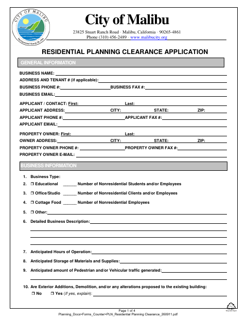 First page of the Residential Planning Clearance Application