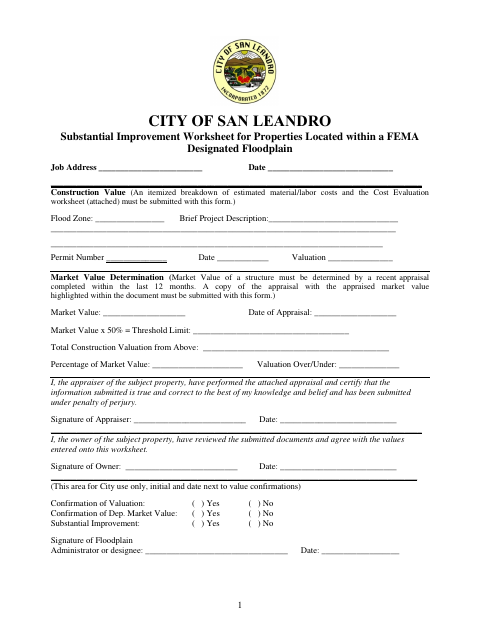 First page of the Substantial Improvement Worksheet for Properties in a FEMA-Designated Floodplain