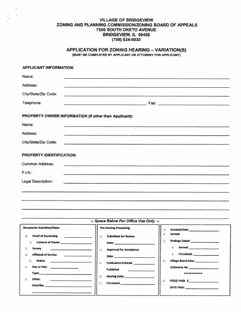 First page of the Zoning Hearing Variation Application