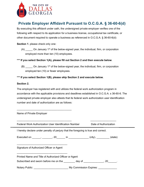 First page of the Private Employer Affidavit