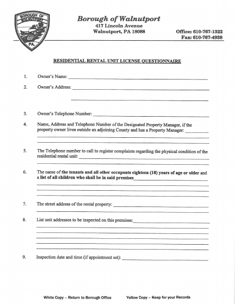 First page of the Residential Rental Unit License Questionnaire
