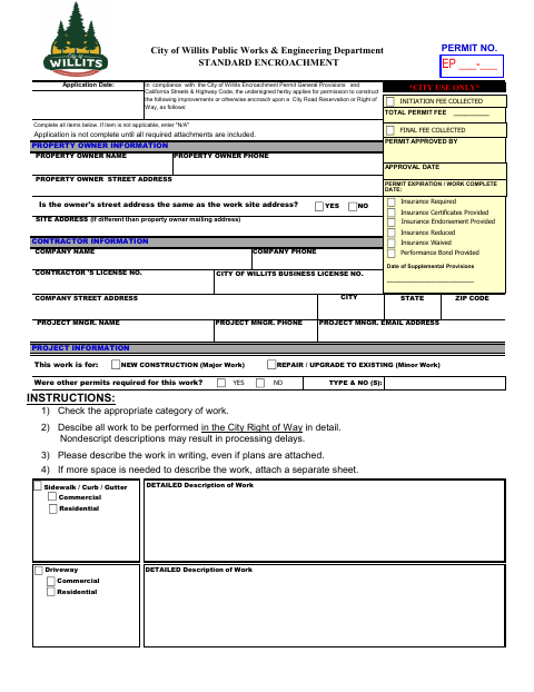 First page of the Standard Encroachment Contract