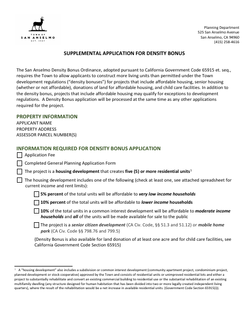 First page of the Supplemental Application for Density Bonus