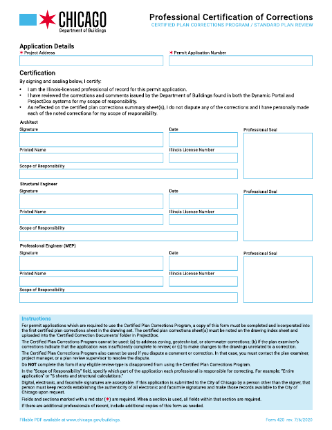 First page of the Professional Certification of Corrections (Form 420)