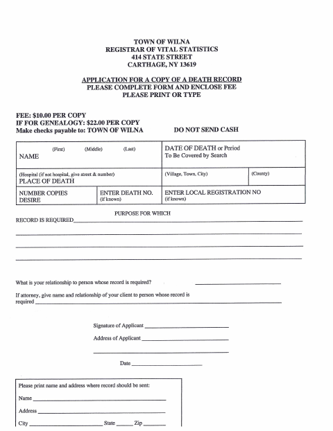 First page of the Application for a Copy of a Death Record
