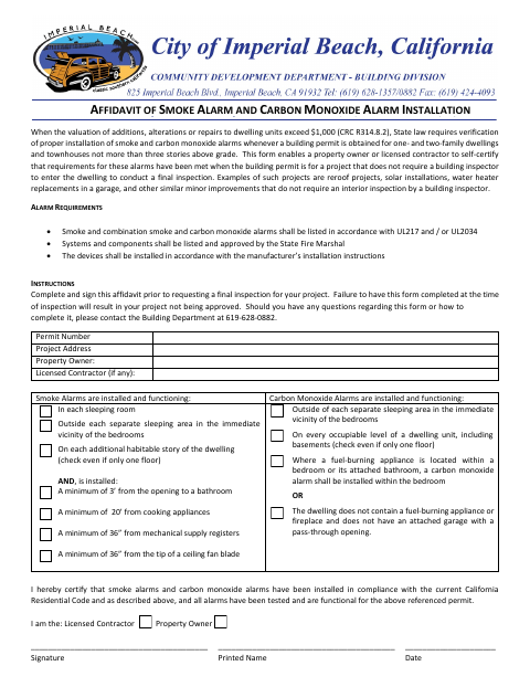 First page of the Affidavit of Smoke Alarm and Carbon Monoxide Alarm Installation