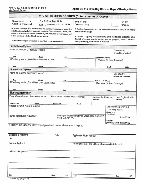 First page of the Application for Copy of Marriage Record