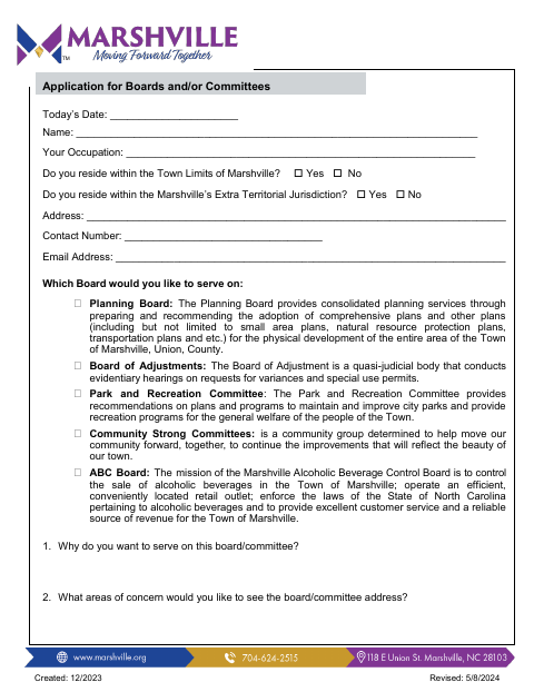 First page of the Application for Boards and/or Committees