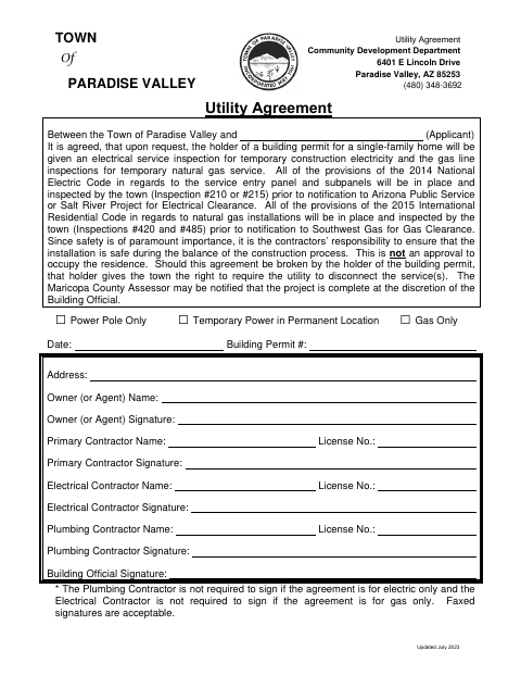 First page of the Utility Agreement