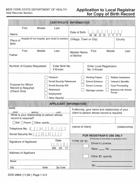 First page of the Application for Copy of Birth Record