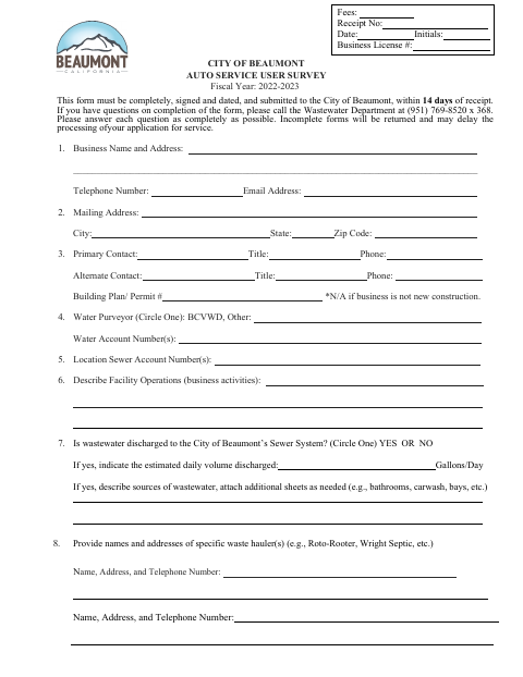 First page of the Auto Service User Survey