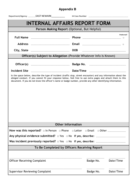 First page of the Internal Affairs Report Form