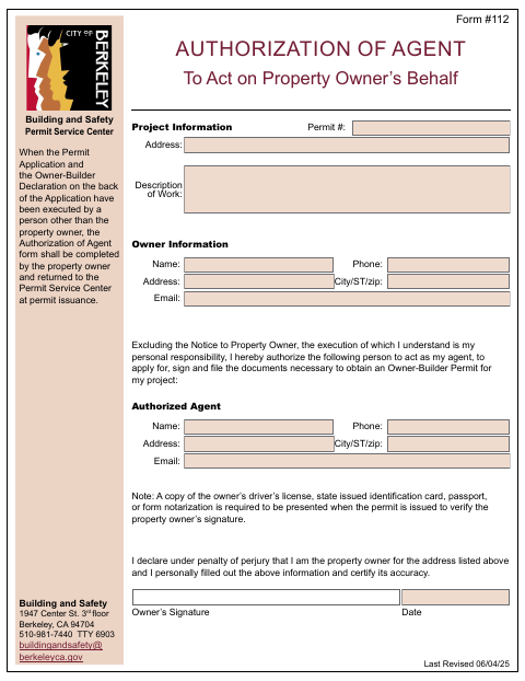 First page of the Authorization of Agent to Act on Property Owner's Behalf