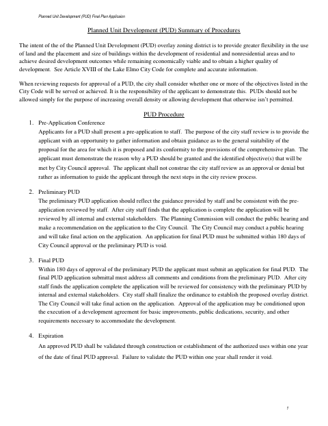 First page of the Planned Unit Development Final Plan Application