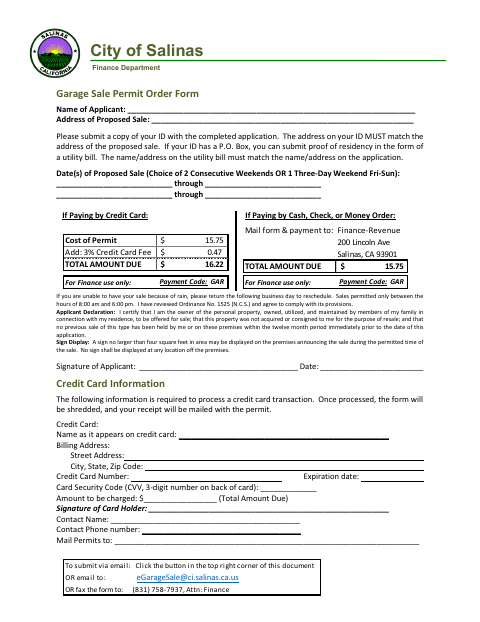 First page of the Garage Sale Permit Order Form