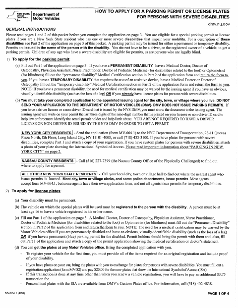 First page of the Application for Parking Permit or License Plates for Persons With Severe Disabilities