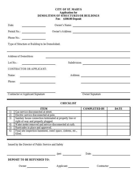 First page of the Application for Demolition of Structures or Buildings