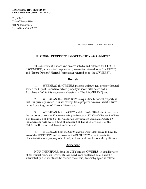 First page of the Historic Property Preservation Agreement