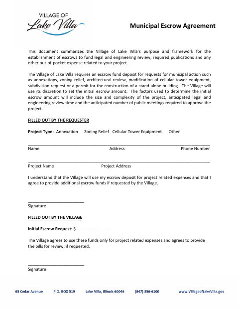 First page of the Municipal Escrow Agreement