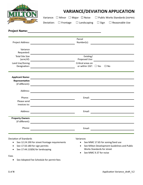 First page of the Variance/Deviation Application